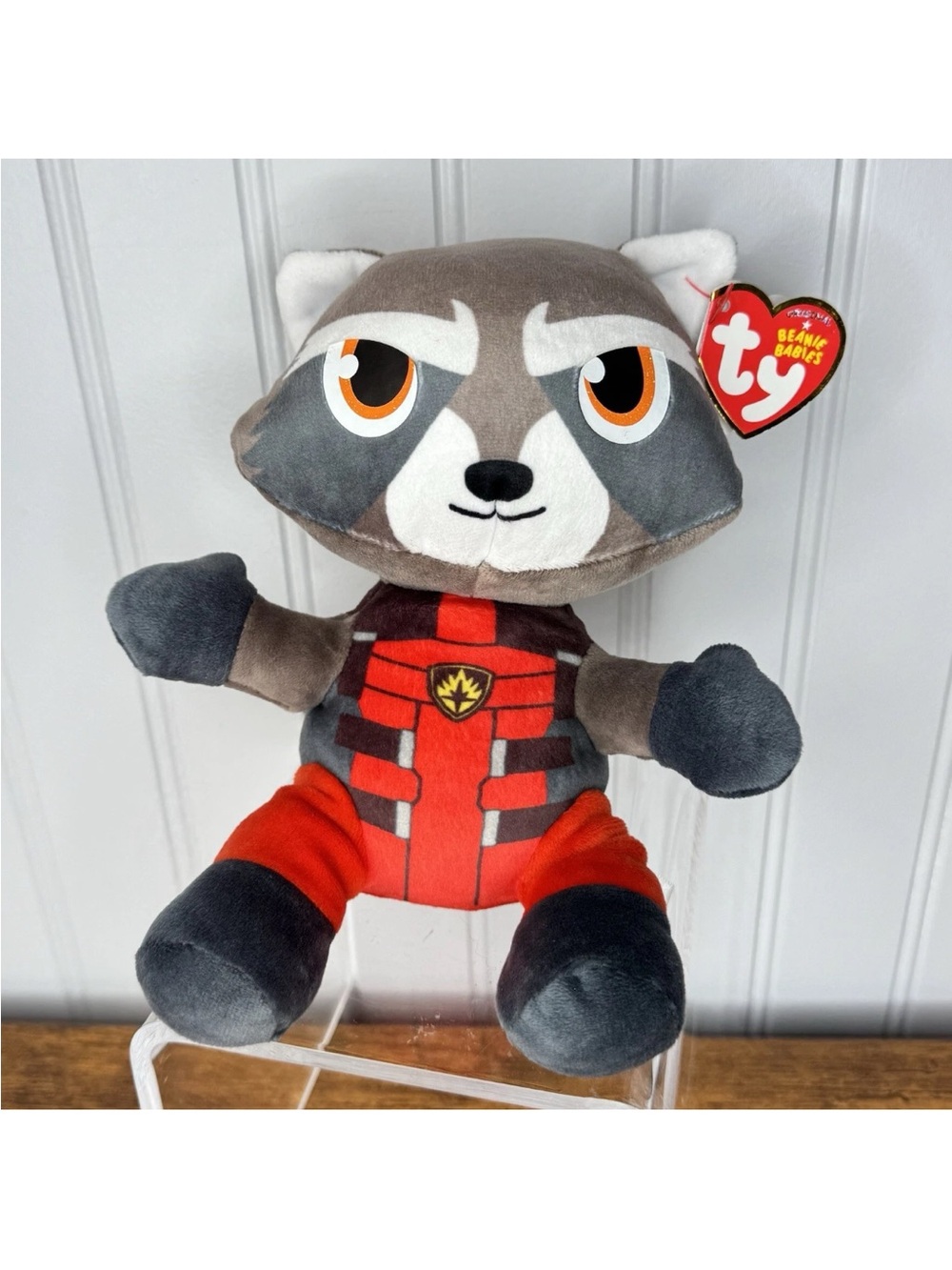 Ty Beanie Baby Rocket Raccoon Marvel Plush - Gray, Red & Orange Eyes. New